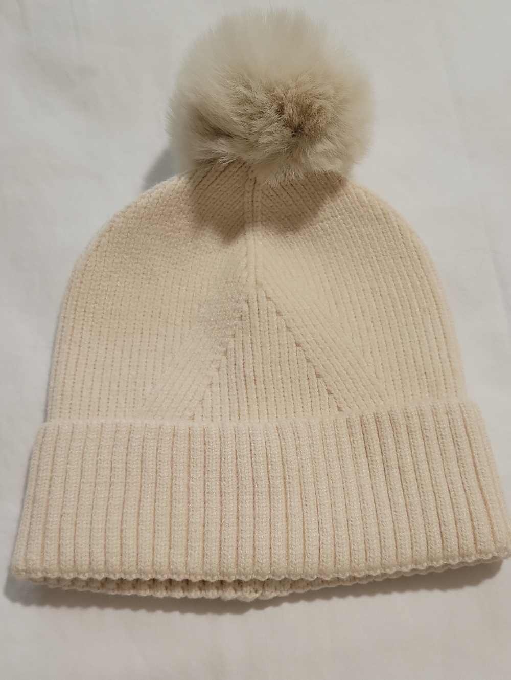 Vince Camuto Cream Ribbed Pom Beanie